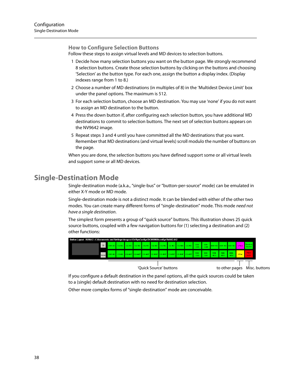 How to configure selection buttons, Single-destination mode | Grass Valley NV9642 v.1.2 User Manual | Page 48 / 106