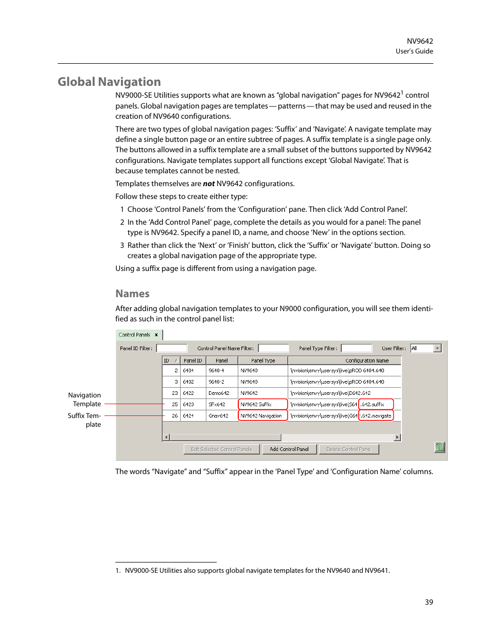 Global navigation, Names | Grass Valley NV9642 v.1.2 User Manual | Page 49 / 106
