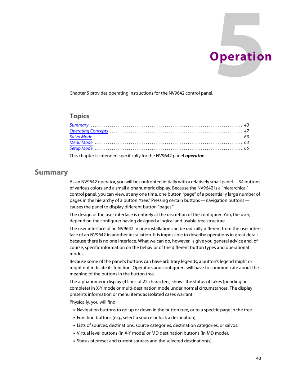 Operation, Summary, 5 operation | Chapter 5, Topics | Grass Valley NV9642 v.1.2 User Manual | Page 53 / 106