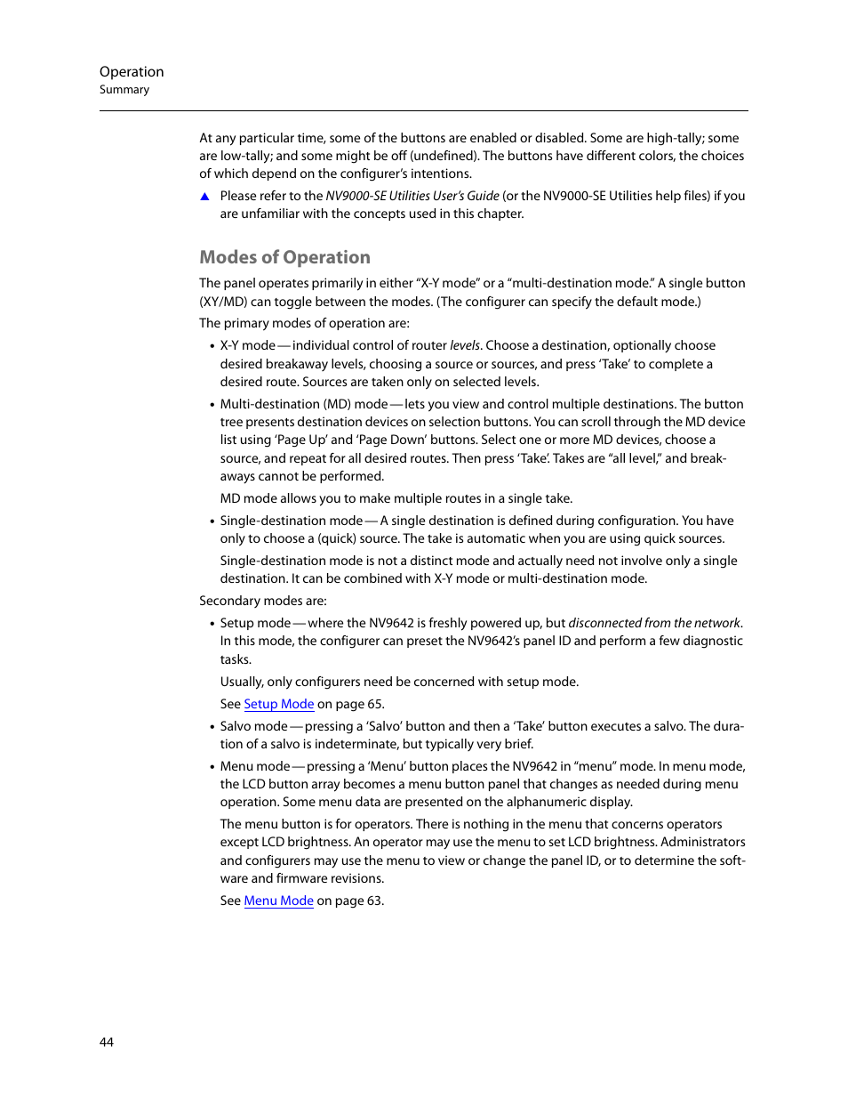 Modes of operation | Grass Valley NV9642 v.1.2 User Manual | Page 54 / 106