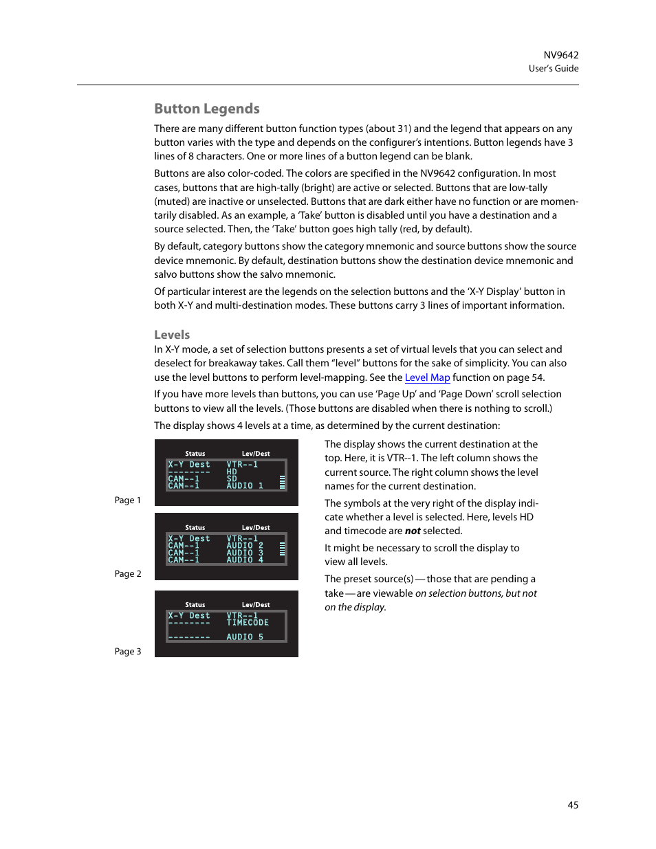 Button legends, Levels | Grass Valley NV9642 v.1.2 User Manual | Page 55 / 106