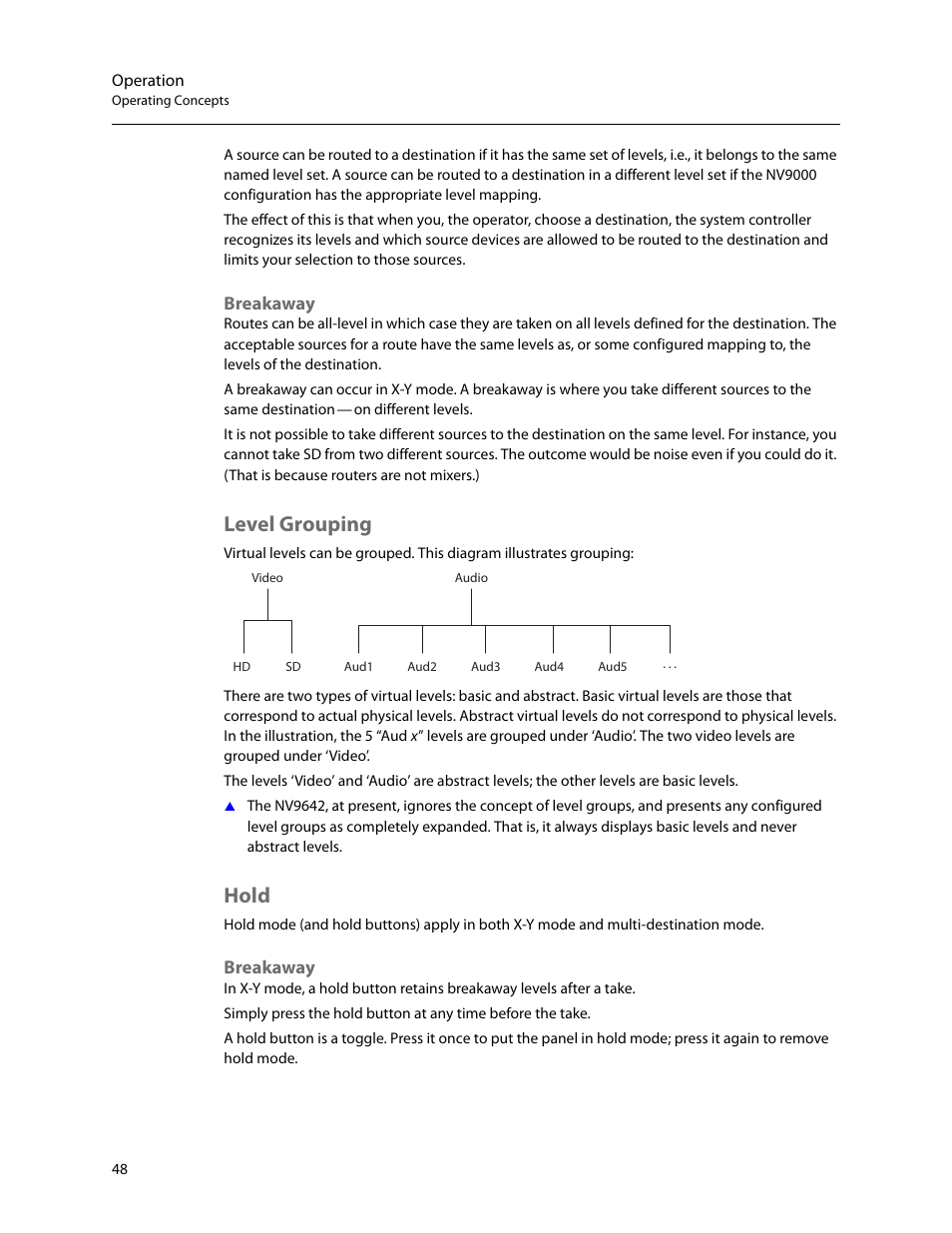 Breakaway, Level grouping, Hold | Level grouping hold | Grass Valley NV9642 v.1.2 User Manual | Page 58 / 106