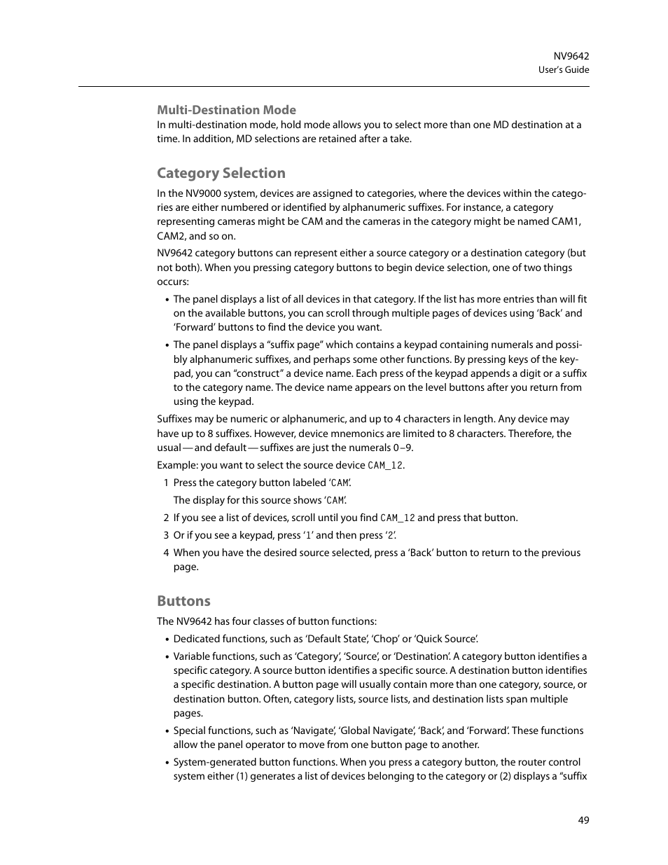 Multi-destination mode, Category selection, Buttons | Category selection buttons | Grass Valley NV9642 v.1.2 User Manual | Page 59 / 106
