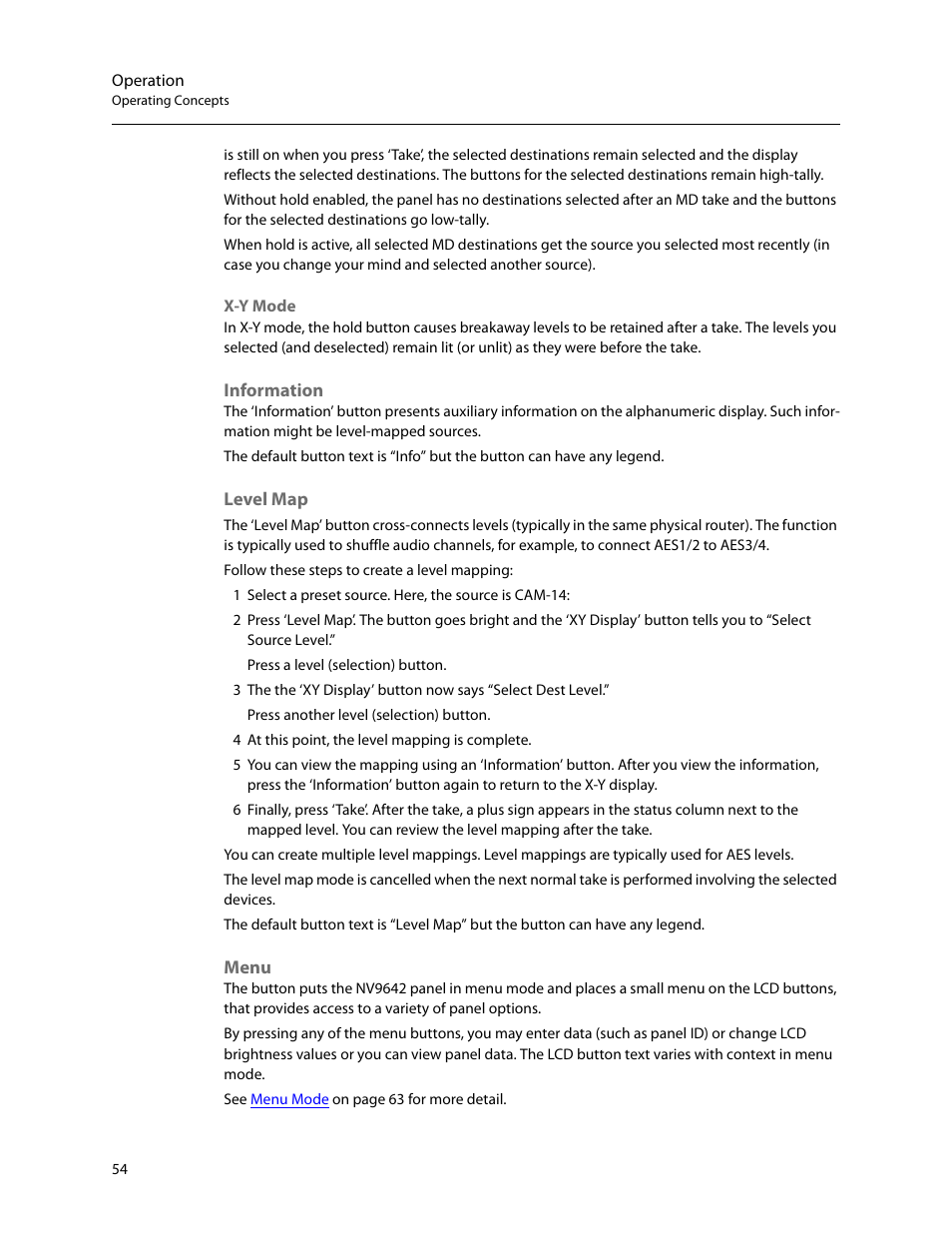 Information, Level map, Menu | Information level map menu | Grass Valley NV9642 v.1.2 User Manual | Page 64 / 106