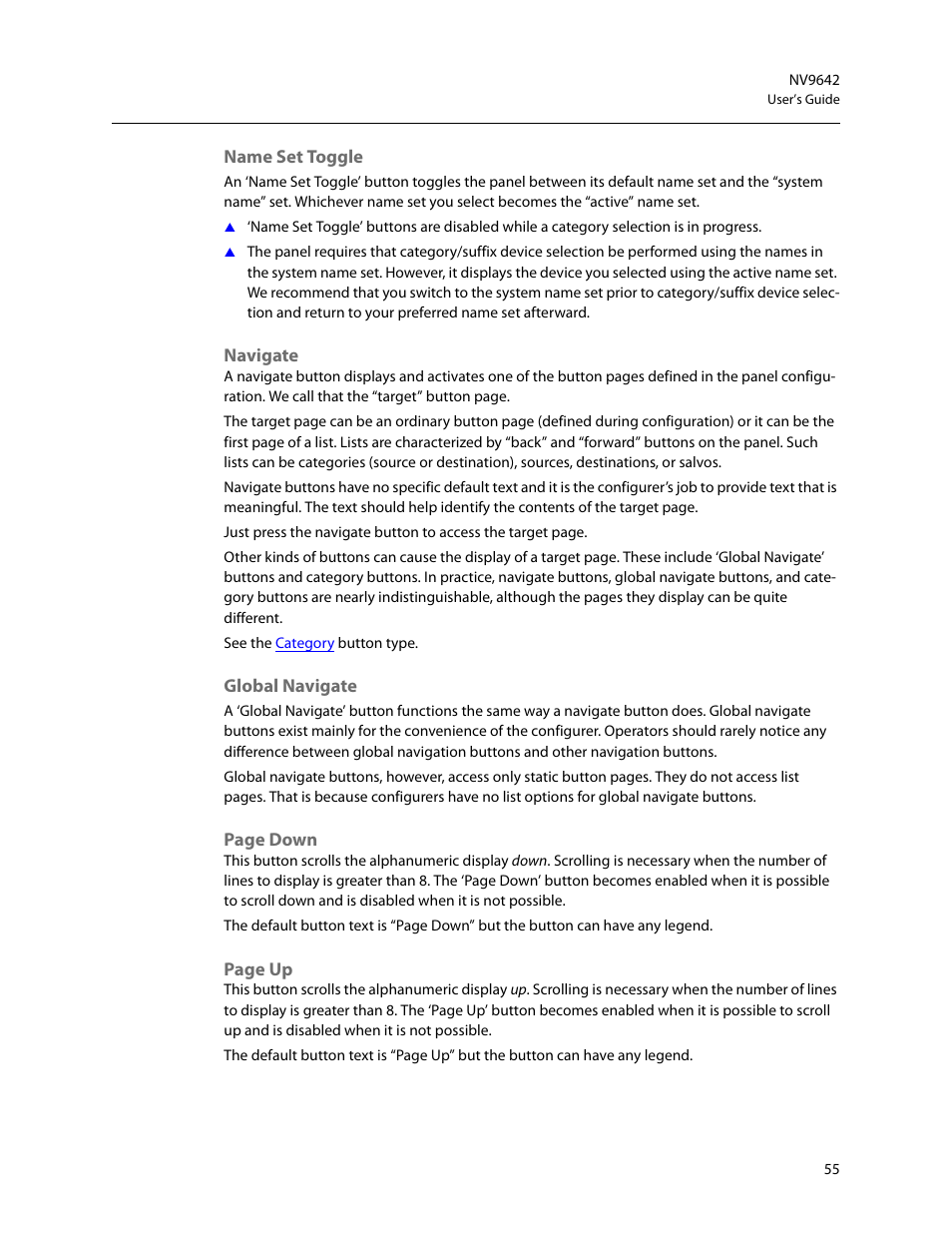 Name set toggle, Navigate, Global navigate | Grass Valley NV9642 v.1.2 User Manual | Page 65 / 106