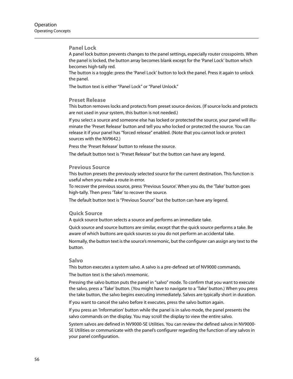 Panel lock, Preset release, Previous source | Quick source, Salvo | Grass Valley NV9642 v.1.2 User Manual | Page 66 / 106