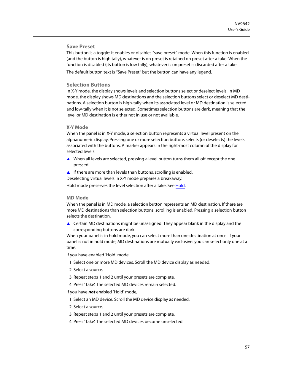 Save preset, Selection buttons, Save preset selection buttons | Grass Valley NV9642 v.1.2 User Manual | Page 67 / 106