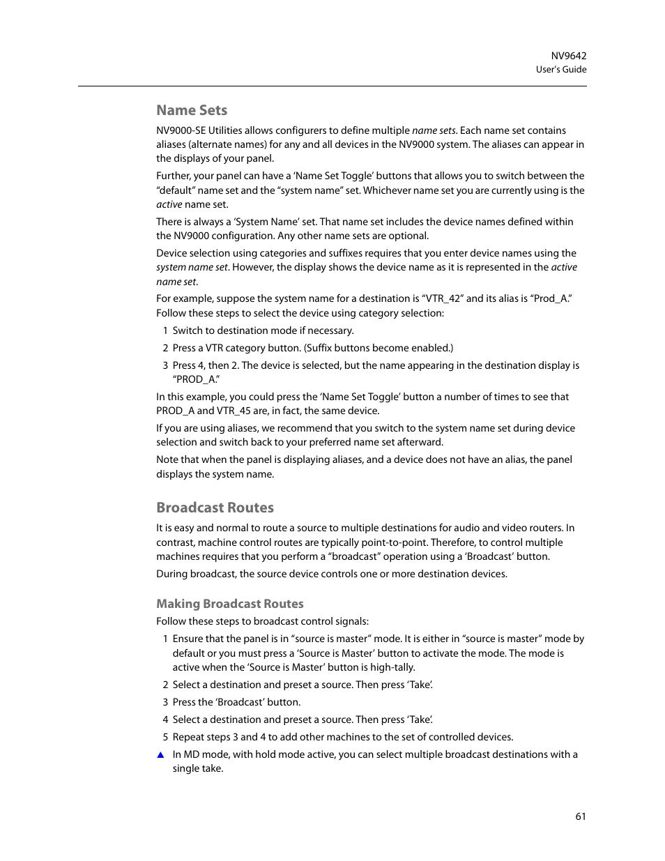 Name sets, Broadcast routes, Making broadcast routes | Name sets broadcast routes | Grass Valley NV9642 v.1.2 User Manual | Page 71 / 106