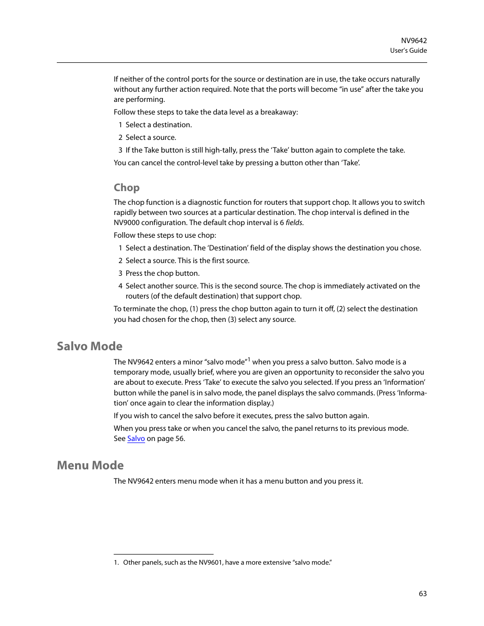 Chop, Salvo mode, Menu mode | Salvo mode menu mode | Grass Valley NV9642 v.1.2 User Manual | Page 73 / 106