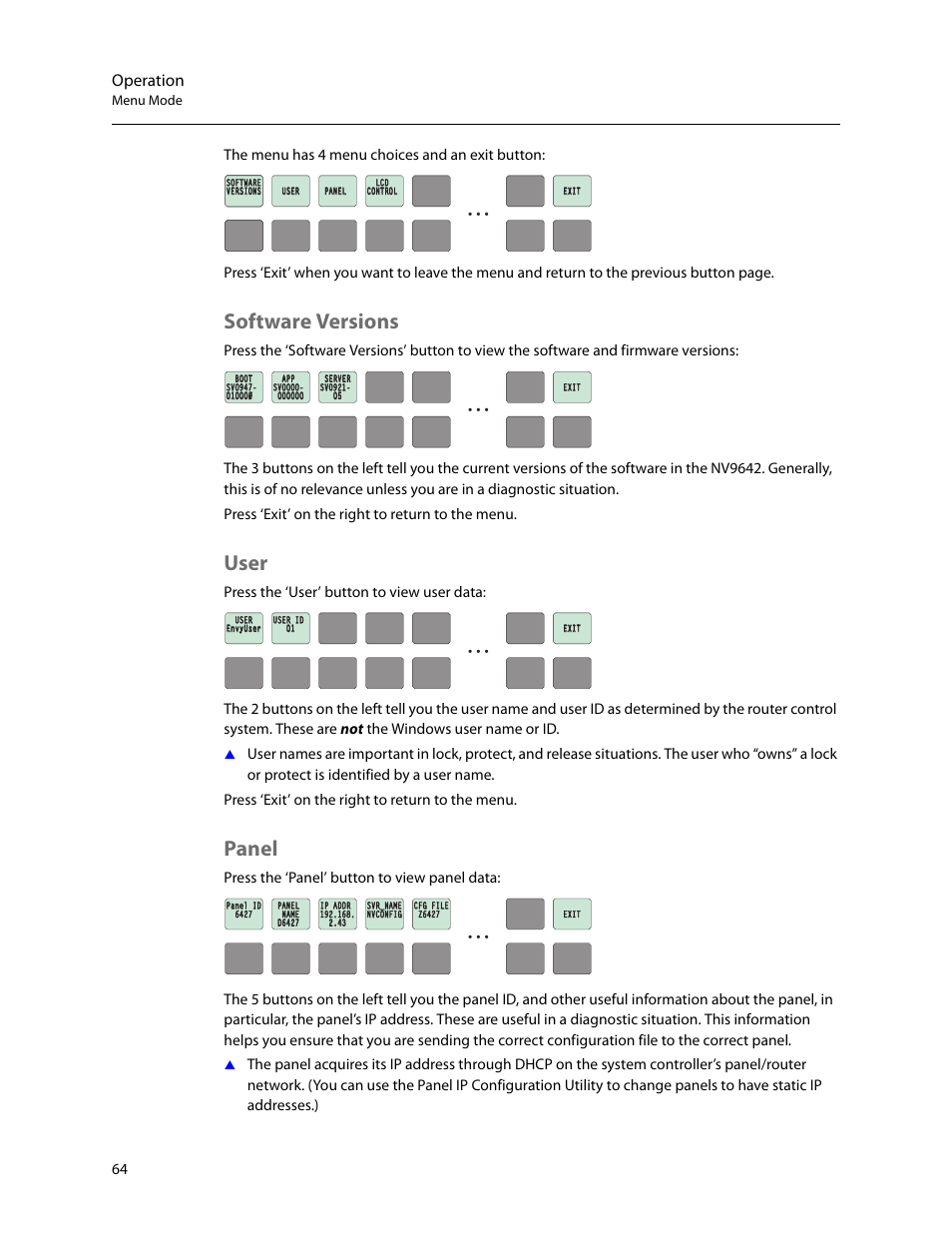 Software versions, User, Panel | Software versions user panel, Operation | Grass Valley NV9642 v.1.2 User Manual | Page 74 / 106