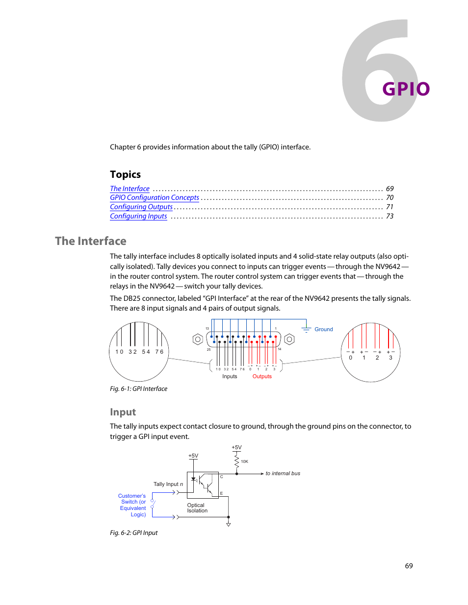 Gpio, The interface, Input | 6 gpio, Chapter 6, Describes the tally, E chapter 6, Ad chapter 6, Topics | Grass Valley NV9642 v.1.2 User Manual | Page 79 / 106
