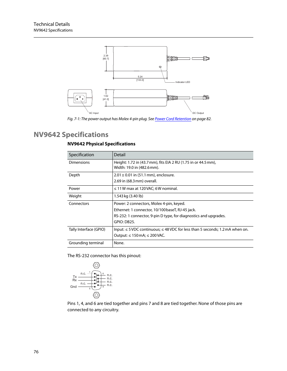 Nv9642 specifications, Technical details, Nv9642 physical specifications | Grass Valley NV9642 v.1.2 User Manual | Page 86 / 106