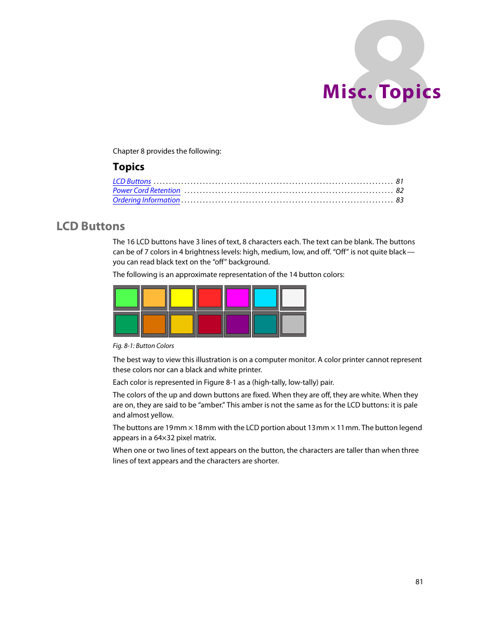 Misc. topics, Lcd buttons, 8 misc. topics | Chapter 8, Topics | Grass Valley NV9642 v.1.2 User Manual | Page 91 / 106