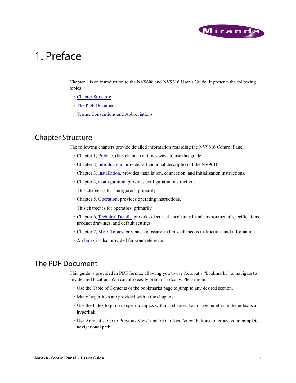 Preface, Chapter structure, The pdf document | Chapter 1, Chapter structure the pdf document | Grass Valley NV9608 v.1.0 User Manual | Page 11 / 84