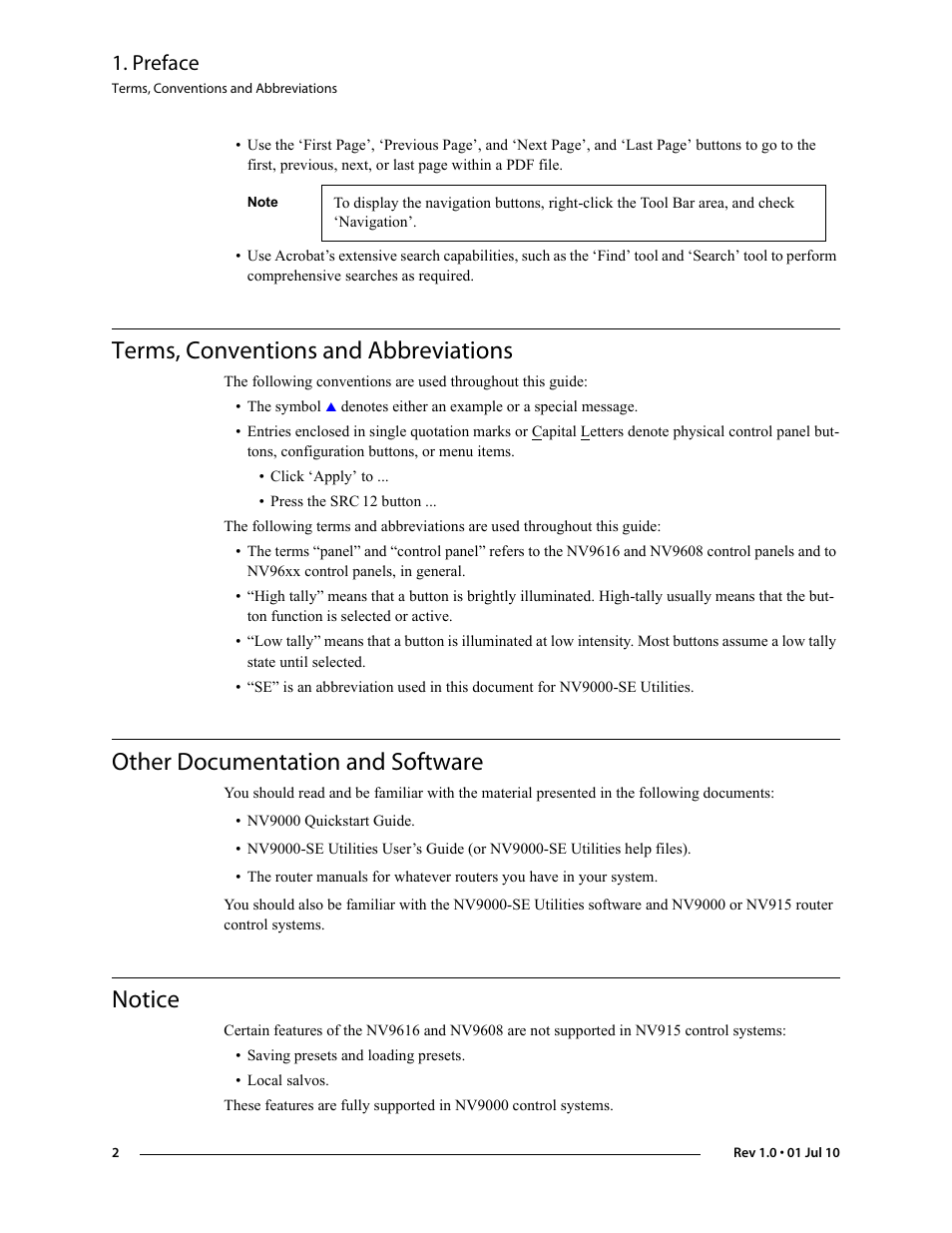 Terms, conventions and abbreviations, Other documentation and software, Notice | Preface | Grass Valley NV9608 v.1.0 User Manual | Page 12 / 84