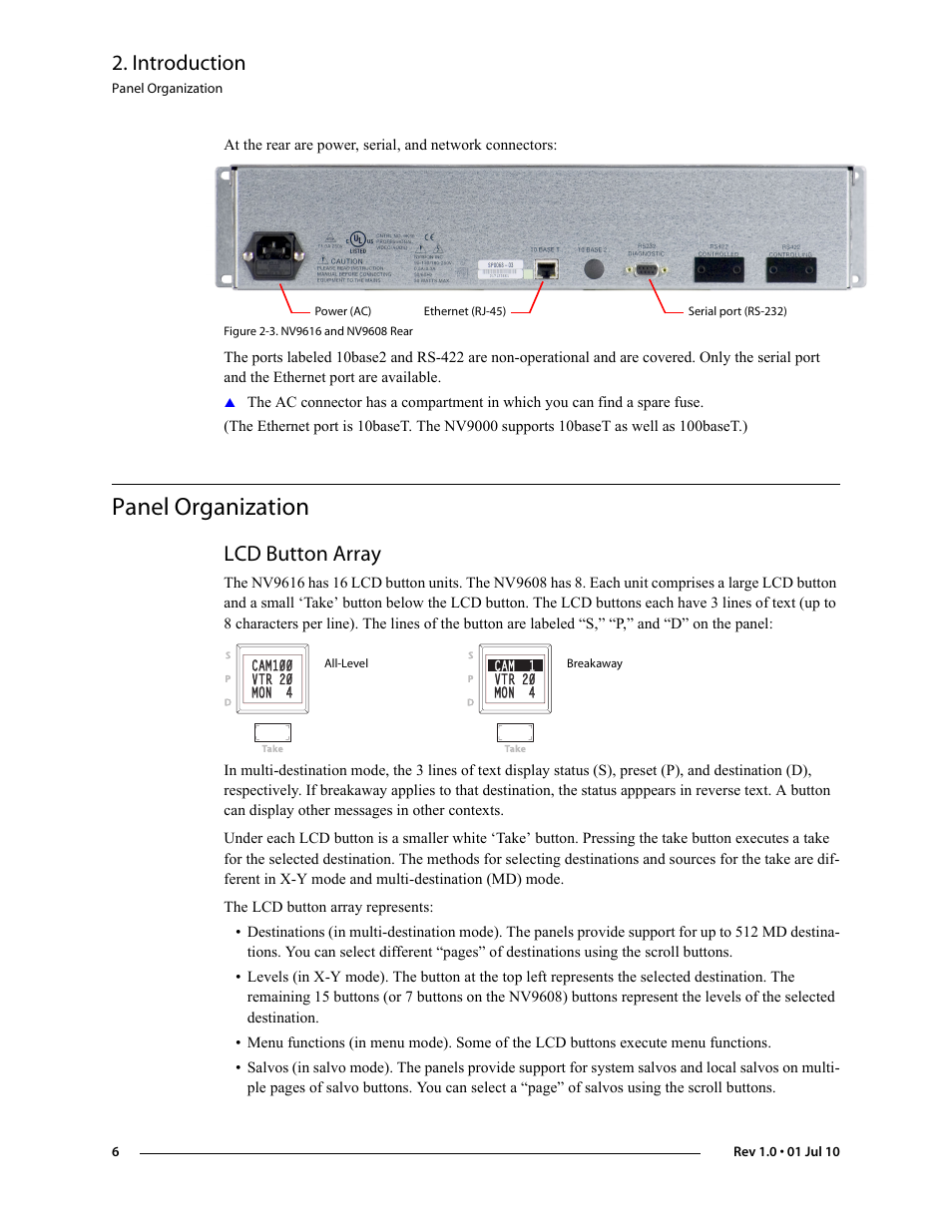 Panel organization, Lcd button array, D 2-3 | Introduction | Grass Valley NV9608 v.1.0 User Manual | Page 16 / 84