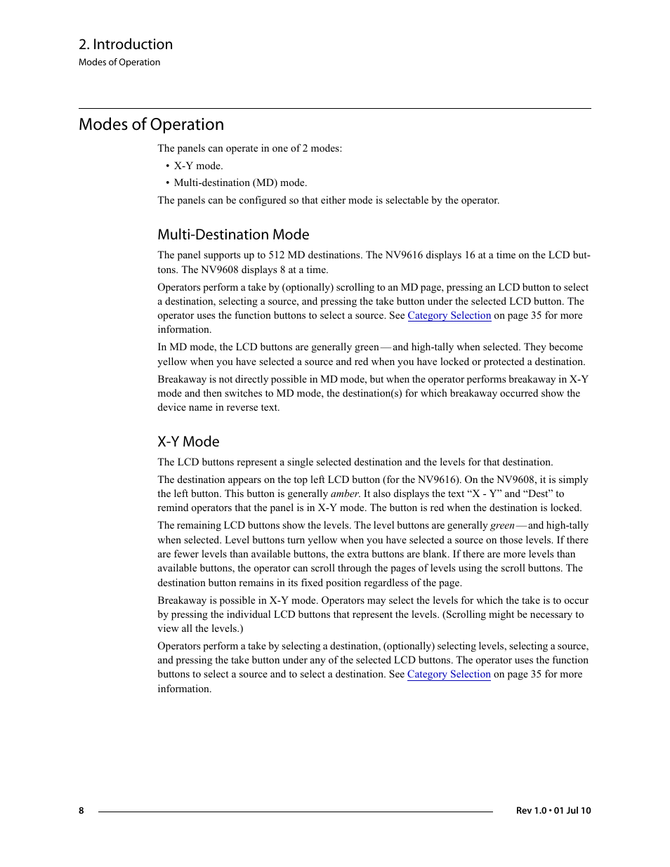 Modes of operation, Multi-destination mode, X-y mode | Multi-destination mode x-y mode, Introduction | Grass Valley NV9608 v.1.0 User Manual | Page 18 / 84