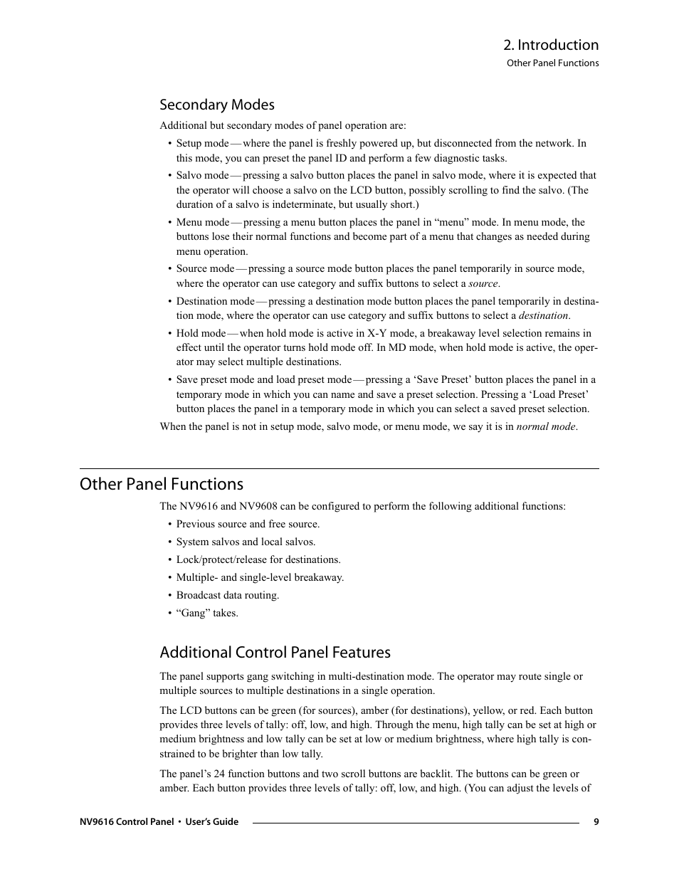 Secondary modes, Other panel functions, Additional control panel features | Introduction | Grass Valley NV9608 v.1.0 User Manual | Page 19 / 84