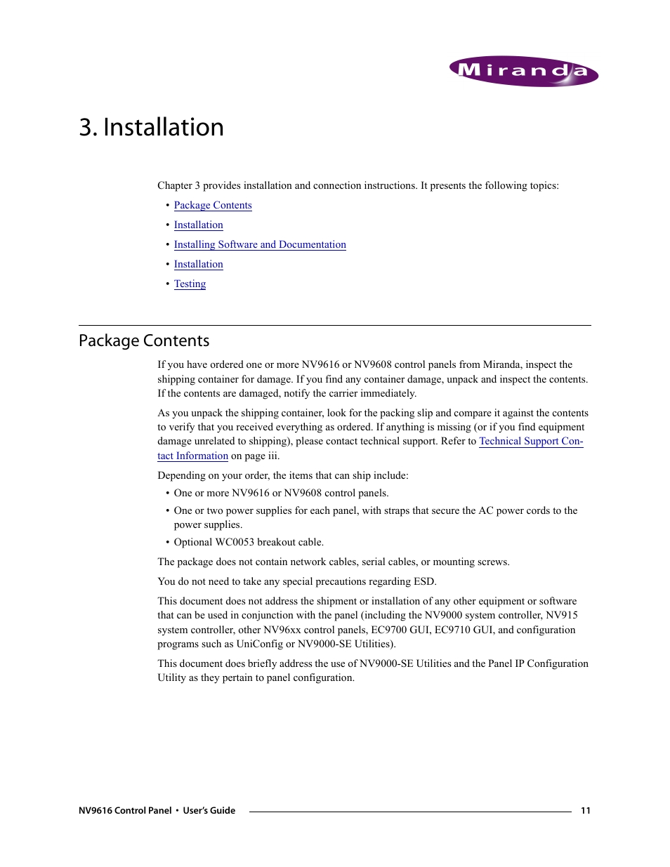Installation, Package contents, Chapter 3 | Grass Valley NV9608 v.1.0 User Manual | Page 21 / 84
