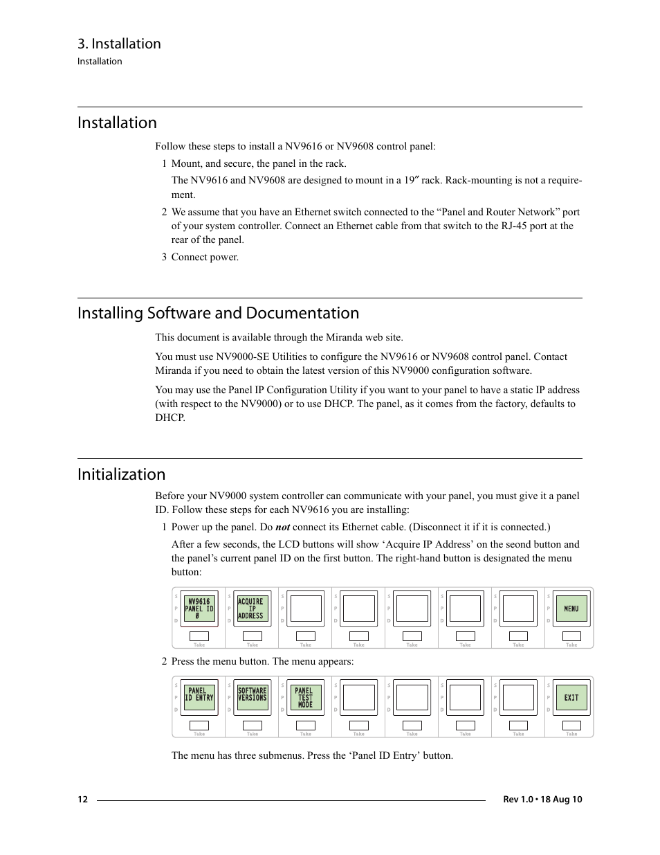 Installation, Installing software and documentation, Initialization | Grass Valley NV9608 v.1.0 User Manual | Page 22 / 84