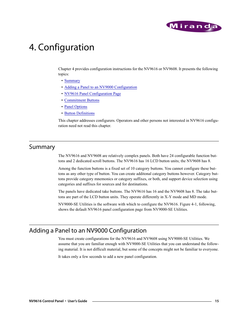 Configuration, Summary, Adding a panel to an nv9000 configuration | Chapter 4, Summary adding a panel to an nv9000 configuration | Grass Valley NV9608 v.1.0 User Manual | Page 25 / 84