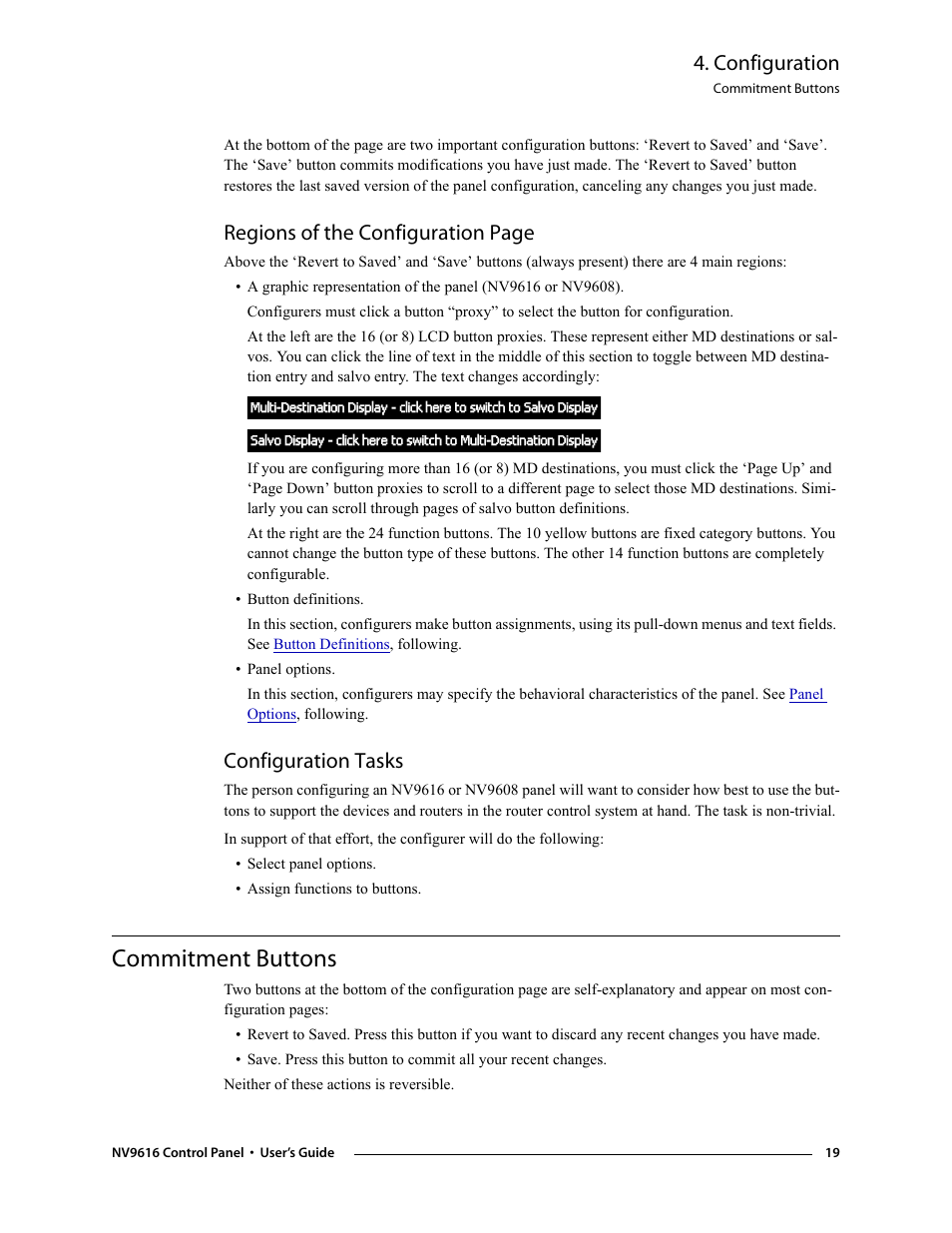 Configuration tasks, Commitment buttons, Configuration | Regions of the configuration page | Grass Valley NV9608 v.1.0 User Manual | Page 29 / 84
