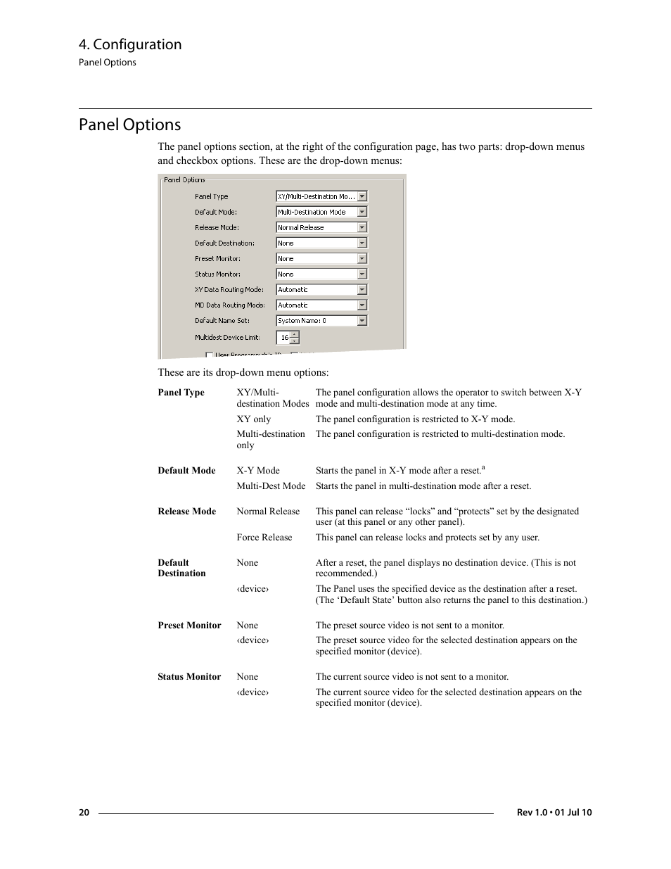 Panel options, Panel, Options | Configuration | Grass Valley NV9608 v.1.0 User Manual | Page 30 / 84