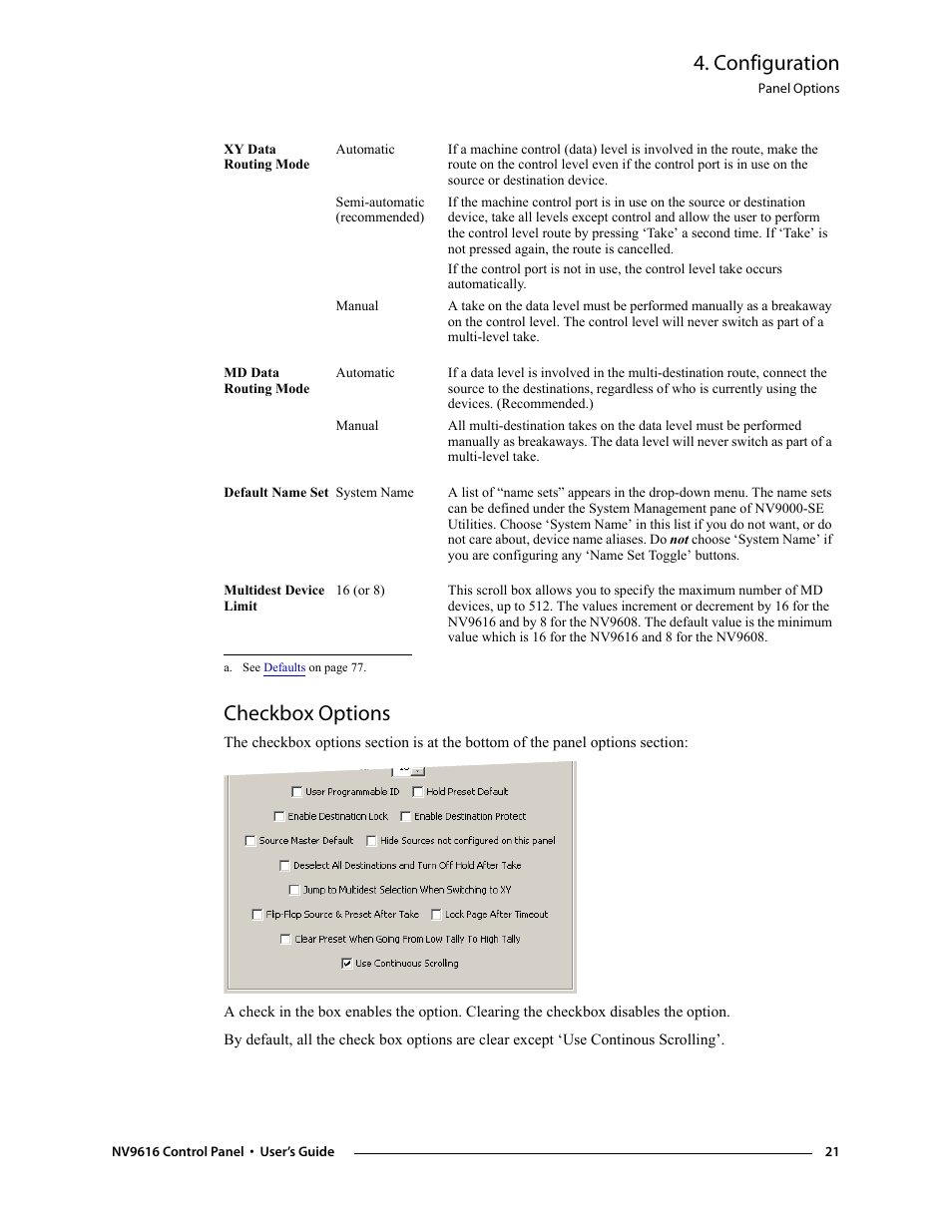 Checkbox options, Configuration | Grass Valley NV9608 v.1.0 User Manual | Page 31 / 84
