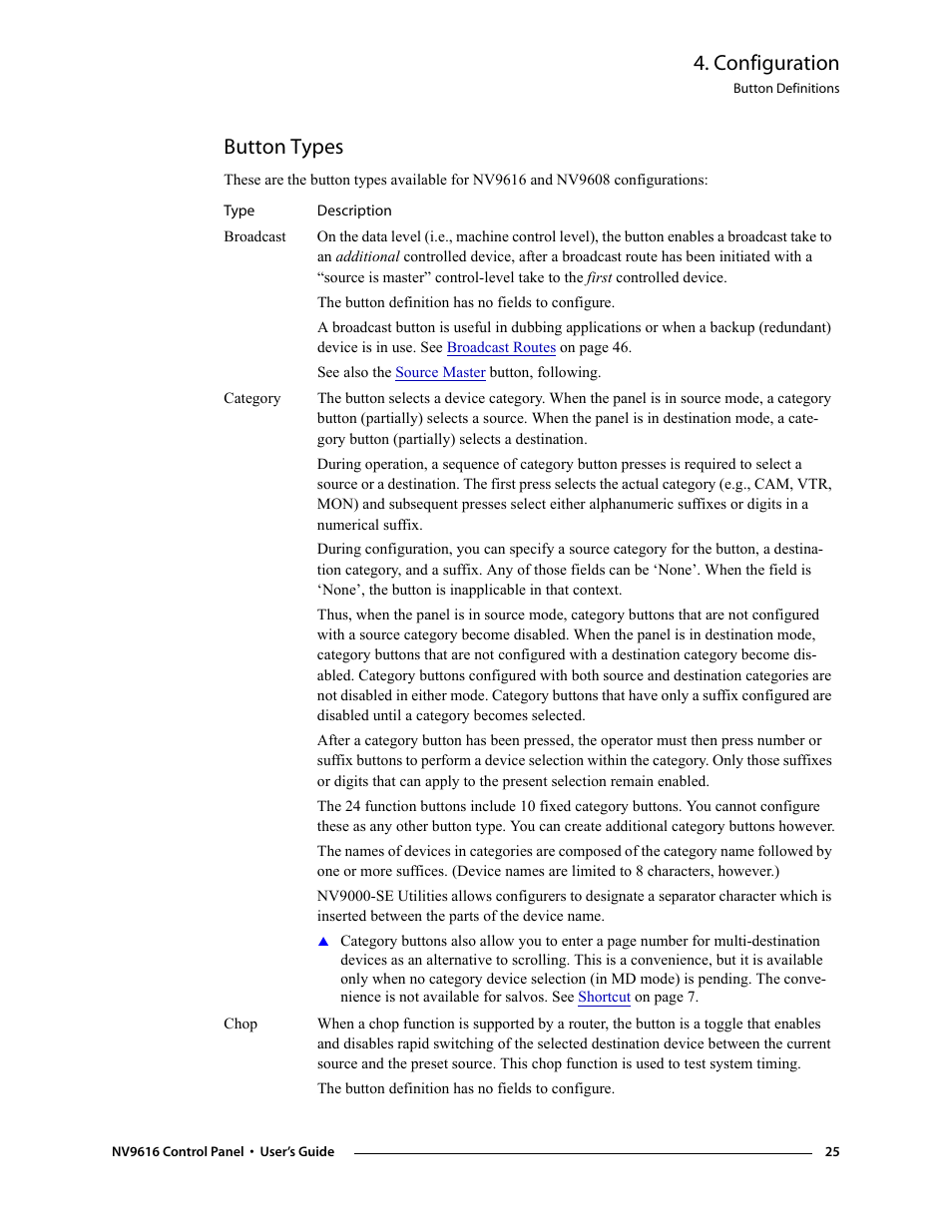 Button types, Configuration | Grass Valley NV9608 v.1.0 User Manual | Page 35 / 84