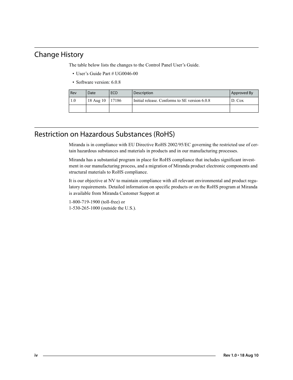 Change history, Restriction on hazardous substances (rohs) | Grass Valley NV9608 v.1.0 User Manual | Page 4 / 84