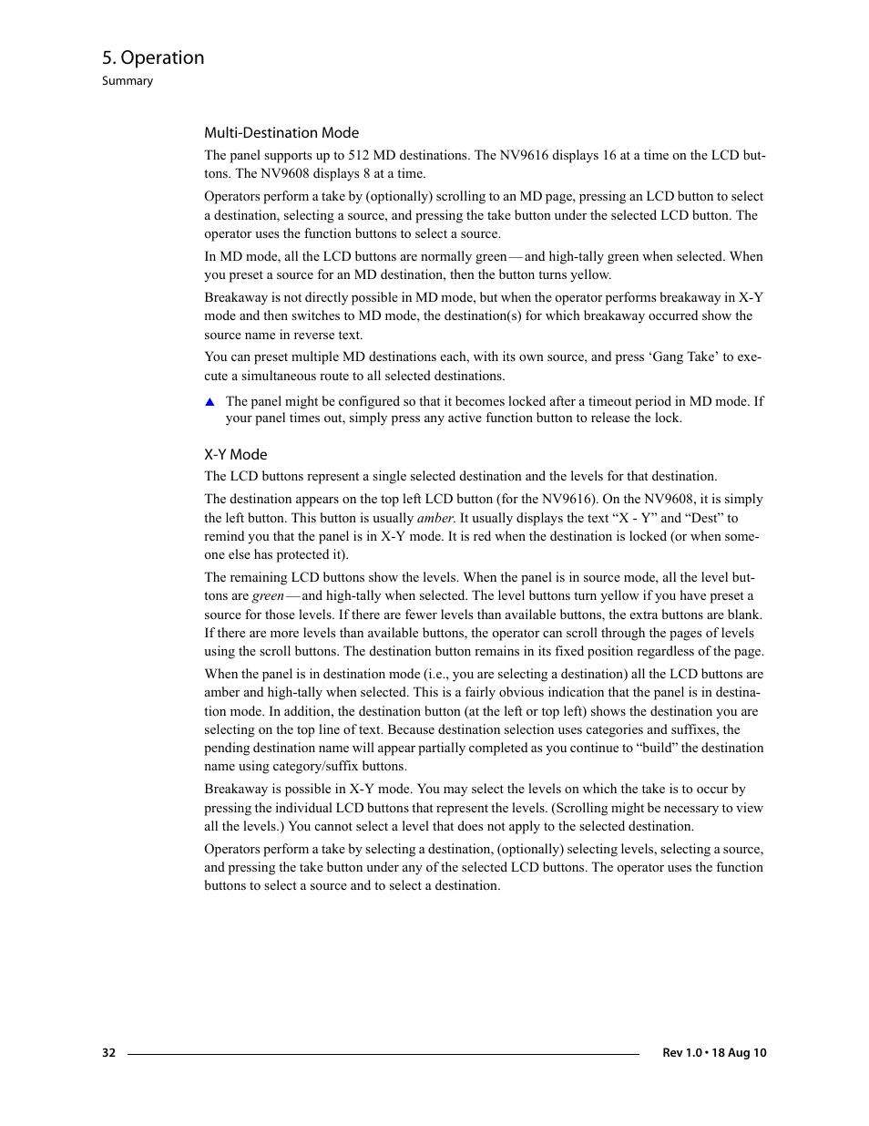 Multi-destination mode, X-y mode, Multi-destination mode x-y mode | Operation | Grass Valley NV9608 v.1.0 User Manual | Page 42 / 84