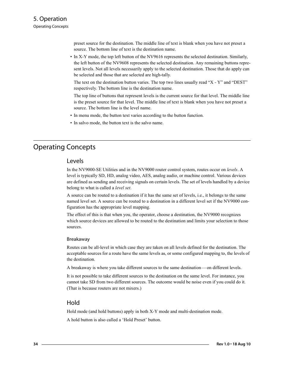 Operating concepts, Levels, Breakaway | Hold, Operation | Grass Valley NV9608 v.1.0 User Manual | Page 44 / 84