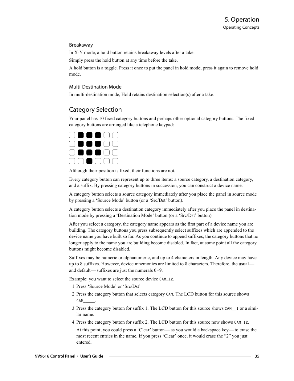 Breakaway, Multi-destination mode, Category selection | Breakaway multi-destination mode, Ination. see, Operation | Grass Valley NV9608 v.1.0 User Manual | Page 45 / 84