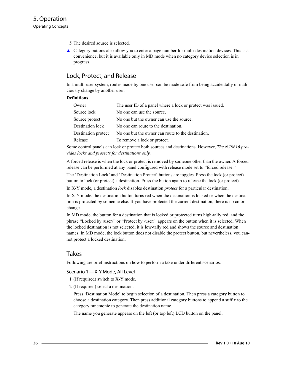 Lock, protect, and release, Takes, Scenario 1 - x-y mode, all level | Lock, protect, and release takes, Scenario 1, Operation | Grass Valley NV9608 v.1.0 User Manual | Page 46 / 84