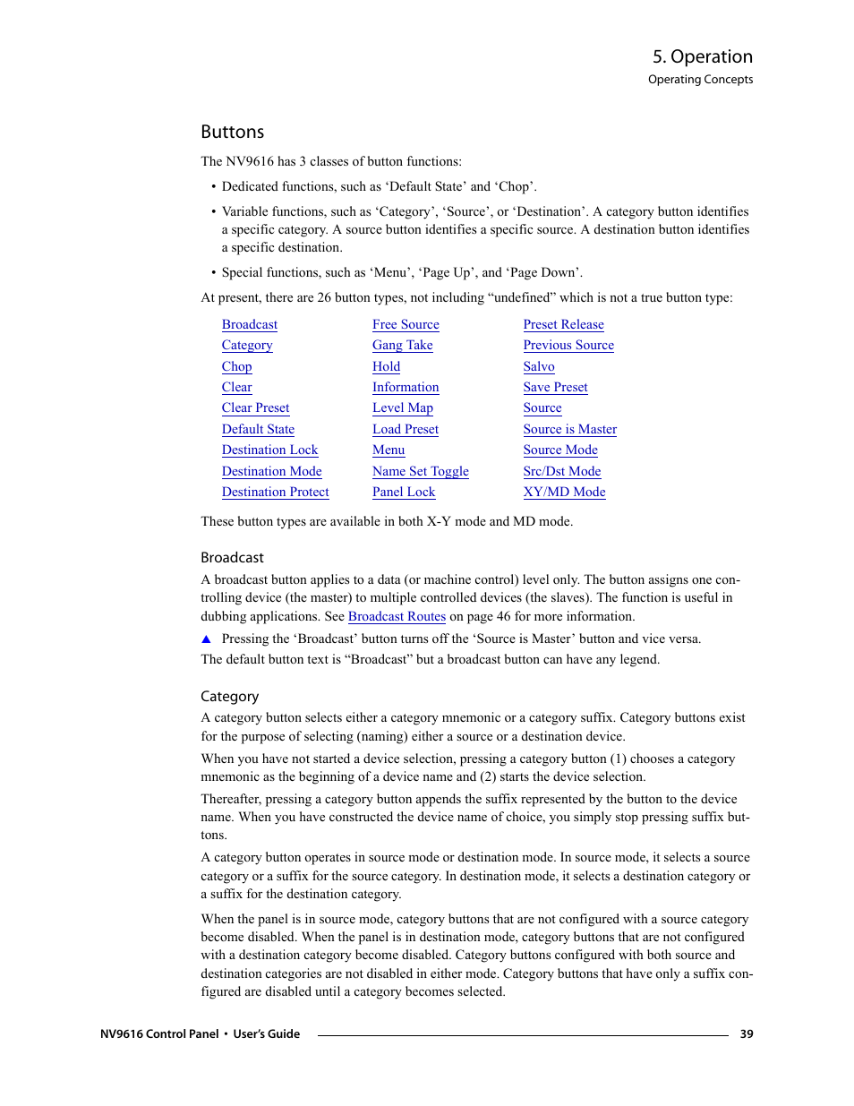 Buttons, Broadcast, Category | Broadcast category, Operation | Grass Valley NV9608 v.1.0 User Manual | Page 49 / 84