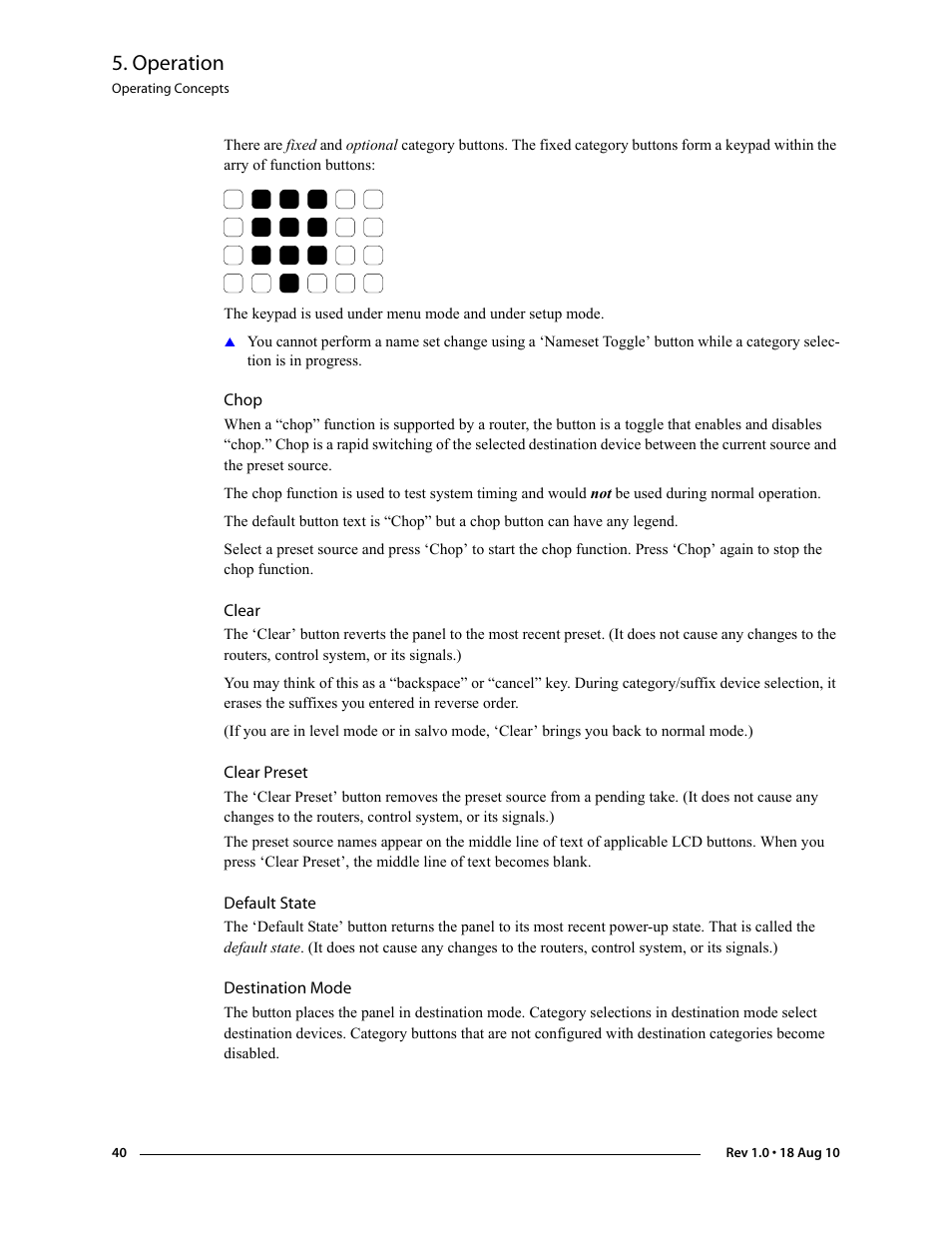 Chop, Clear, Clear preset | Default state, Destination mode, Operation | Grass Valley NV9608 v.1.0 User Manual | Page 50 / 84