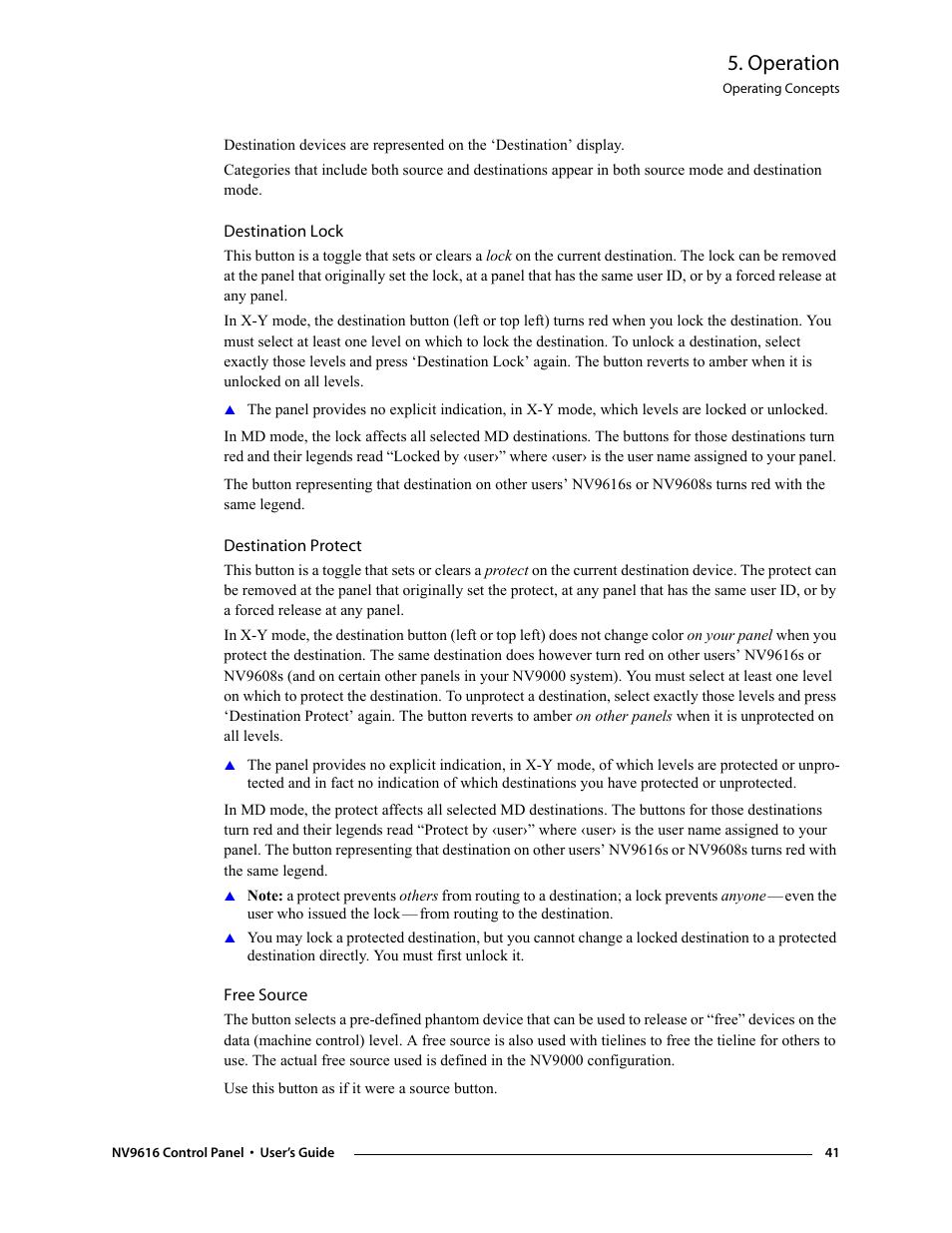 Destination lock, Destination protect, Free source | Destination lock destination protect free source, Operation | Grass Valley NV9608 v.1.0 User Manual | Page 51 / 84