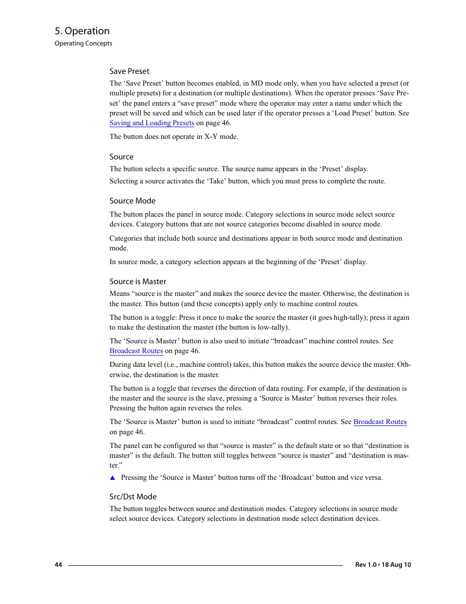 Save preset, Source, Source mode | Source is master, Src/dst mode, Operation | Grass Valley NV9608 v.1.0 User Manual | Page 54 / 84