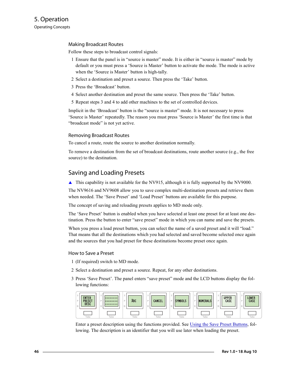 Making broadcast routes, Removing broadcast routes, Saving and loading presets | How to save a preset, Making broadcast routes removing broadcast routes, Saving and loading pre, Sets, Saving, And loading presets, Operation | Grass Valley NV9608 v.1.0 User Manual | Page 56 / 84