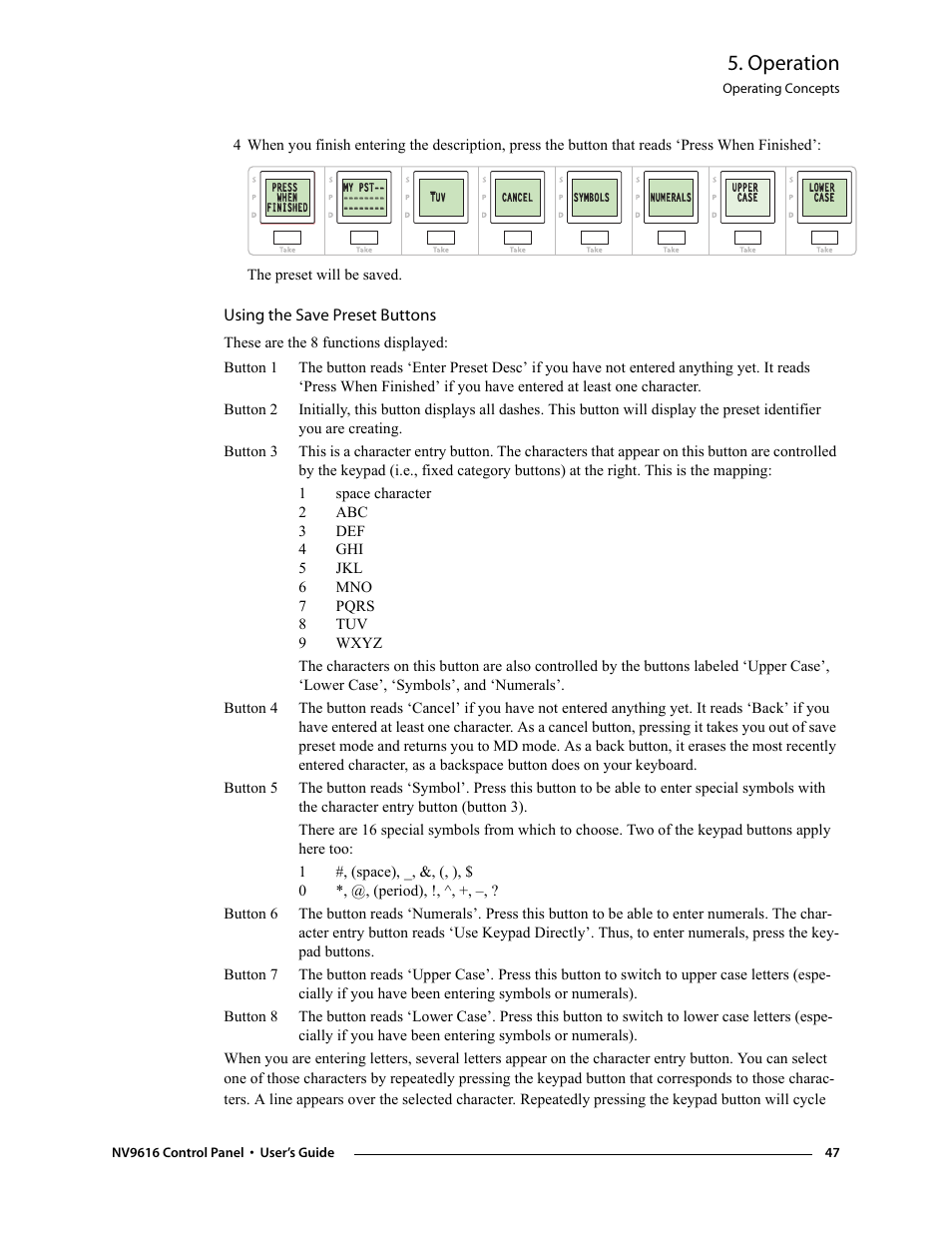 Using the save preset buttons, Operation | Grass Valley NV9608 v.1.0 User Manual | Page 57 / 84
