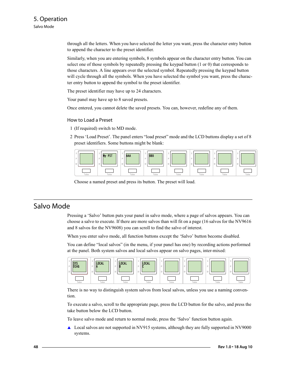 How to load a preset, Salvo mode, Operation | Grass Valley NV9608 v.1.0 User Manual | Page 58 / 84