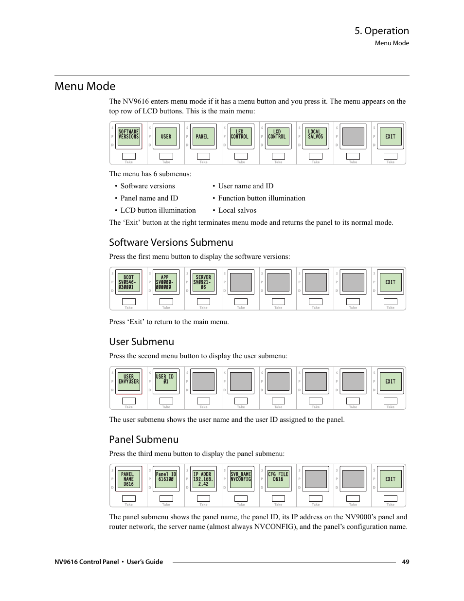 Menu mode, Software versions submenu, User submenu | Panel submenu, Nu. see, Operation | Grass Valley NV9608 v.1.0 User Manual | Page 59 / 84