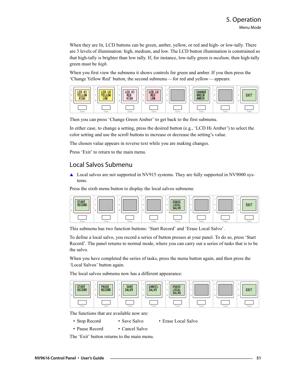 Local salvos submenu, Operation, For red and yellow | Grass Valley NV9608 v.1.0 User Manual | Page 61 / 84
