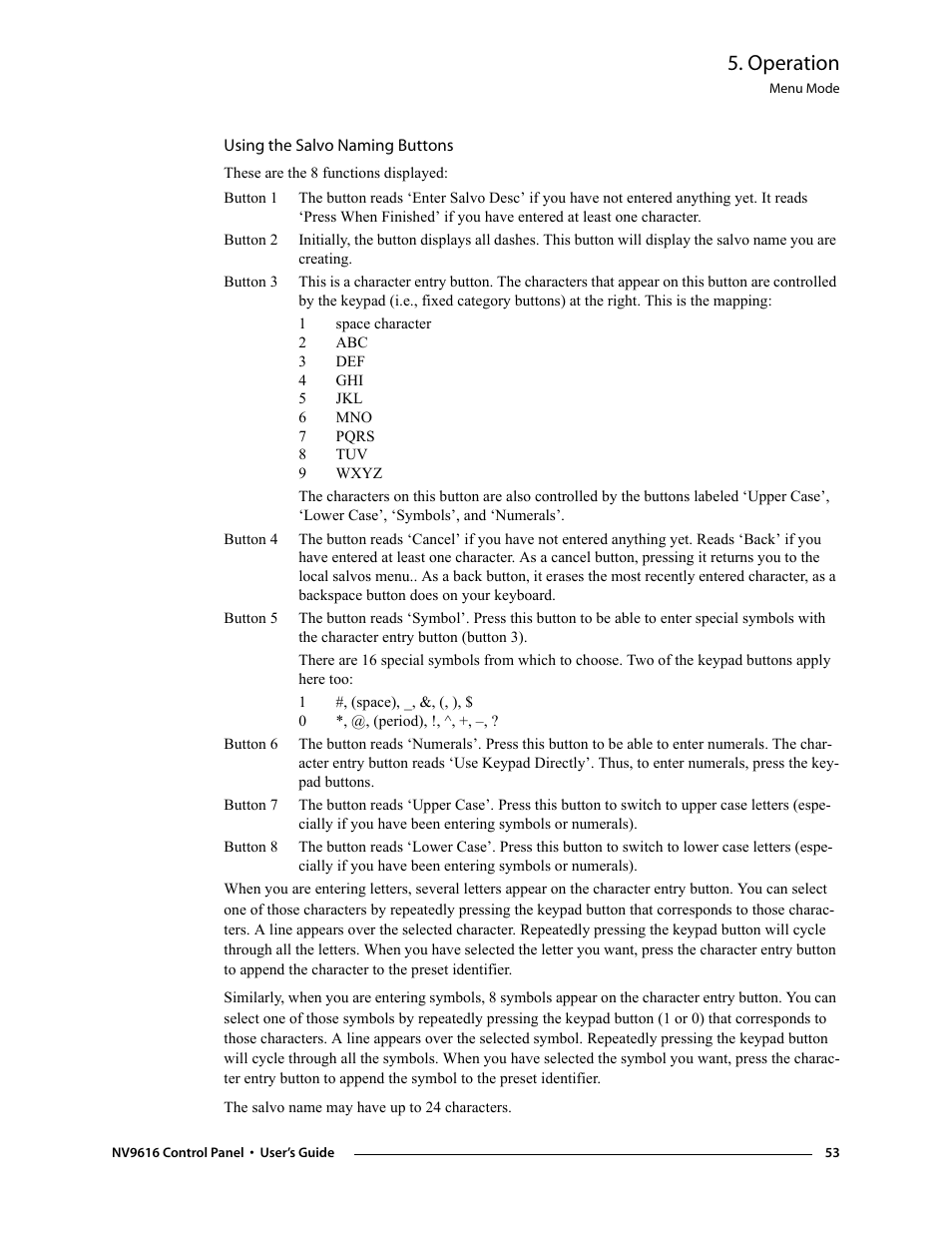 Using the salvo naming buttons, Operation | Grass Valley NV9608 v.1.0 User Manual | Page 63 / 84