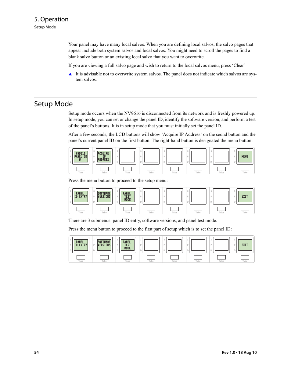 Setup mode, Operation | Grass Valley NV9608 v.1.0 User Manual | Page 64 / 84