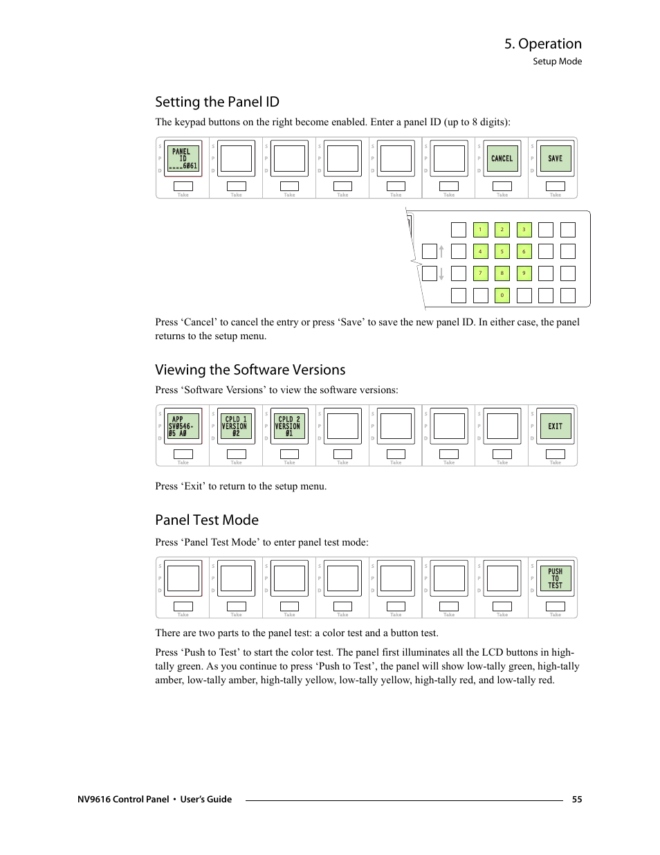 Setting the panel id, Viewing the software versions, Panel test mode | Operation | Grass Valley NV9608 v.1.0 User Manual | Page 65 / 84