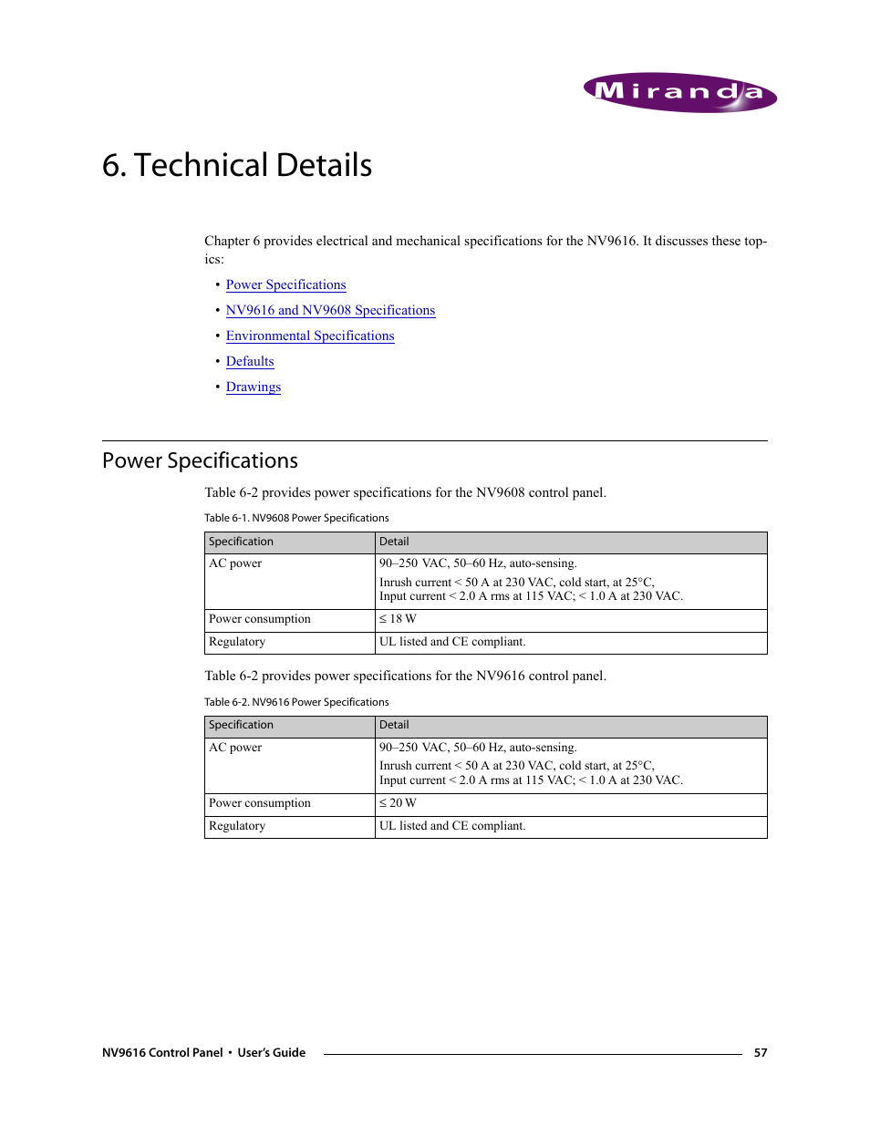 Technical details, Power specifications, Chapter 6 | Provides electrical | Grass Valley NV9608 v.1.0 User Manual | Page 67 / 84