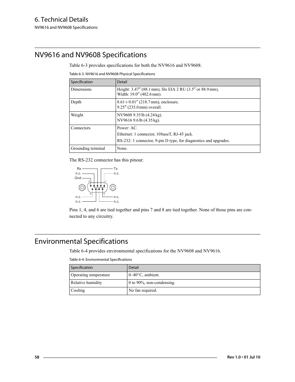 Nv9616 and nv9608 specifications, Environmental specifications, Technical details | Grass Valley NV9608 v.1.0 User Manual | Page 68 / 84