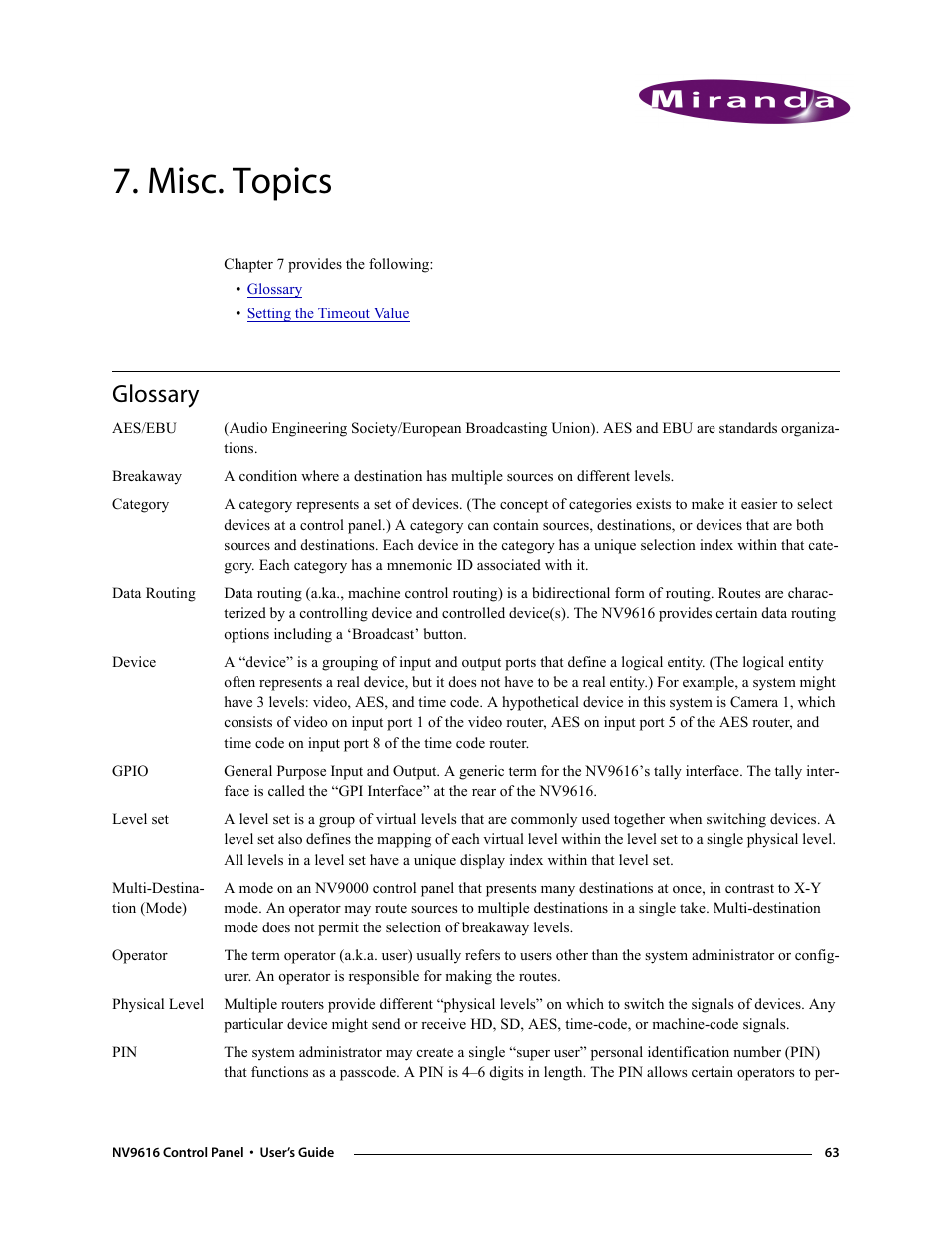 Misc. topics, Glossary, Chapter 7 | Presen | Grass Valley NV9608 v.1.0 User Manual | Page 73 / 84