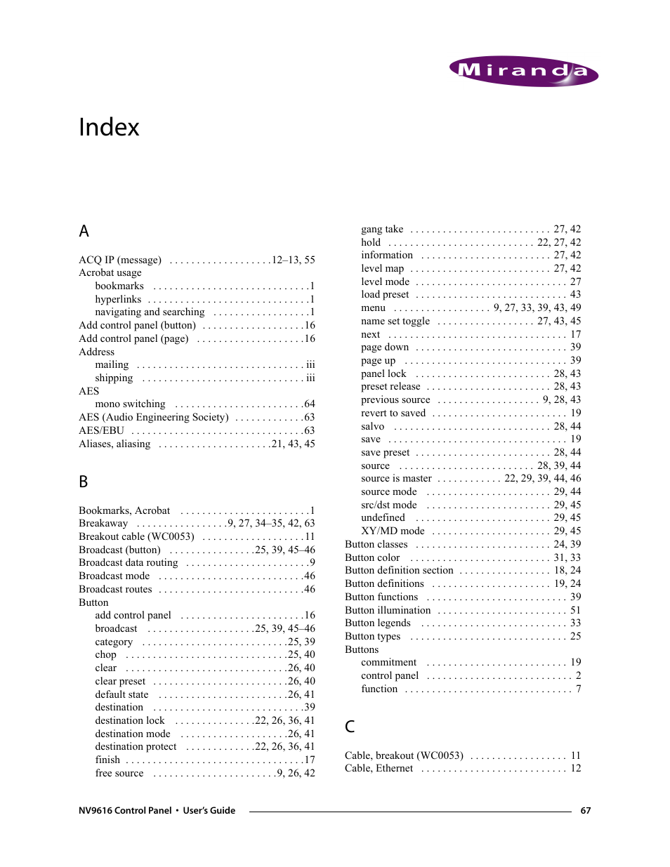 Index | Grass Valley NV9608 v.1.0 User Manual | Page 77 / 84